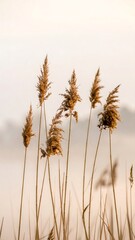 Tall, golden reeds rise against a blurred, misty background, suggesting an early morning