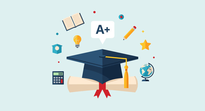 Graduation Cap with Educational Icons Surrounding.