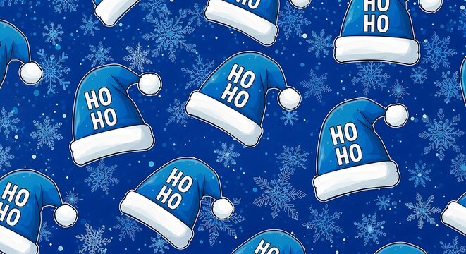 Blue santa hats with 'ho ho ho' on cobalt background with snowflakes pattern