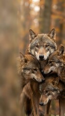 Wolf pack family portrait with adult and young wolves in autumn forest showing natural wildlife behavior and bonding in warm golden light.