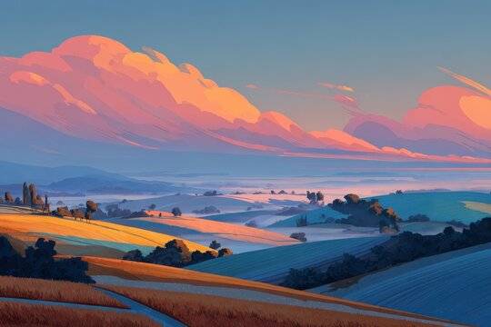 Illustration of a warm front boundary with warm and cool air over a tranquil landscape