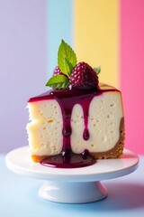 Creamy cheesecake with raspberry topping and mint dessert