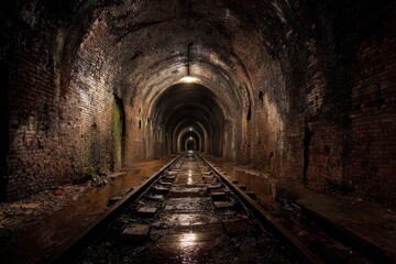 Obraz premium Industrial railway tunnel scene: aged brickwork, wet rails, atmospheric light