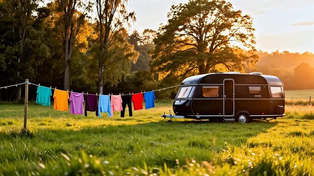 Caravan in grassy field with clothesline