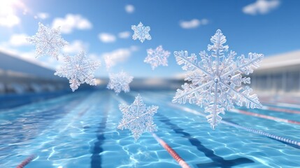 Snowflakes falling over a swimming pool. Sunny, clear sky