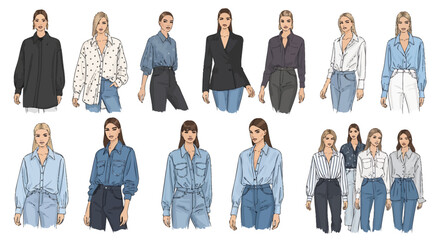 Fototapeta premium Diverse Collection of Women's Contemporary Blouse and Shirt Illustrations, Showcasing Varied Styles for Modern Apparel Design and Fashion Concepts