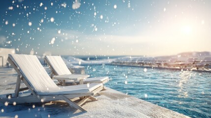 Snow-covered lounge chairs by a pool on a winter day