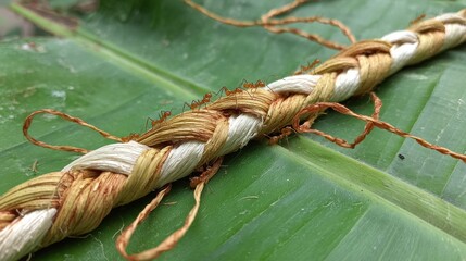 Red ants on a braided rope, lying on a banana leaf