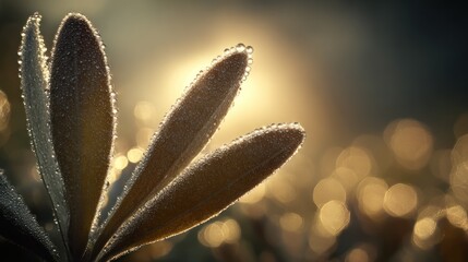Dew-kissed leaves bathed in golden sunlight