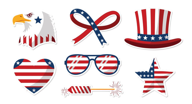 American patriotic icon collection. Includes eagle, ribbon, hat, heart, glasses, sparkler, star. Created in flat style with red, white, and blue palette.