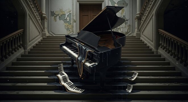 Grand Piano on a Grand Staircase in an Abandoned Mansion.