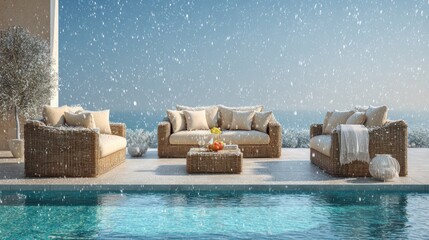 Outdoor patio furniture set by a swimming pool on a snowy day