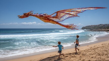 Colorful dragon kite soars above children playing on a sunny beach