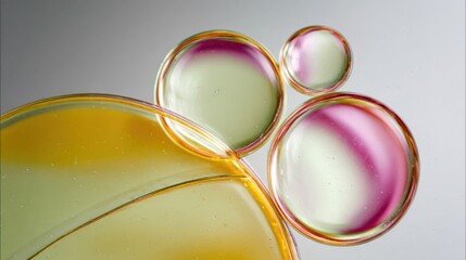 Abstract swirls of translucent, colored liquids, forming iridescent bubbles