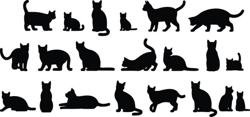 Silhouettes of twenty cats in diverse poses including sitting, standing, walking, stretching, lying down, and grooming, abstract artistic arrangement symbolizing feline posture and behavior © MIJANUR