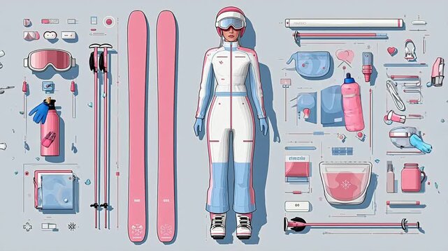Skiing outfit and equipment layout