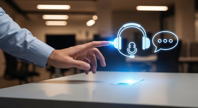 A person interacting with a futuristic interface for communication and customer support