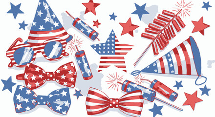 Fototapeta premium Patriotic party accessories icon collection. Includes hats, bow ties, stars, fireworks, and flags. Created in colorful style with red, white, and blue palette.