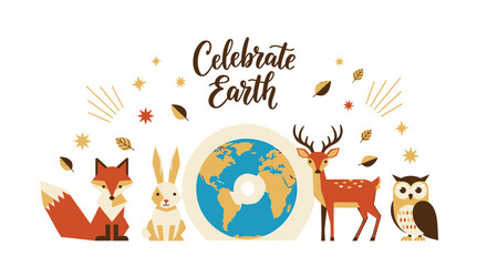 Fototapeta premium Earth Day icon collection. Includes globe, animals, leaves, stars. Created in colorful flat style with brown, blue, and green palette.