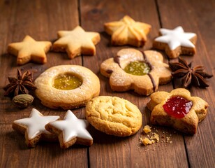 A variety of cookies and star anise on wooden surface