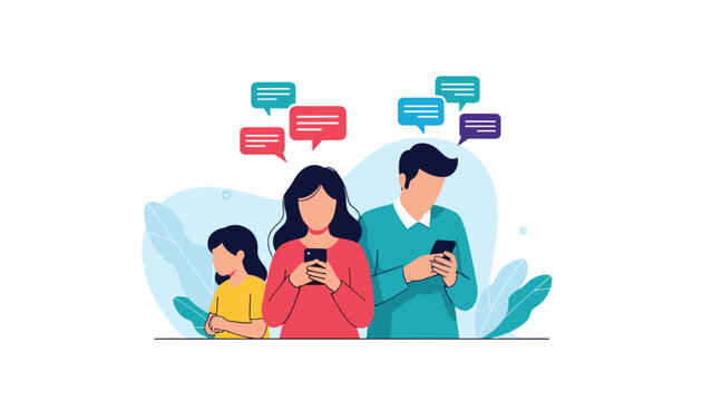 Family members are completely absorbed in their smartphones and digital messages while ignoring each other in a common space.