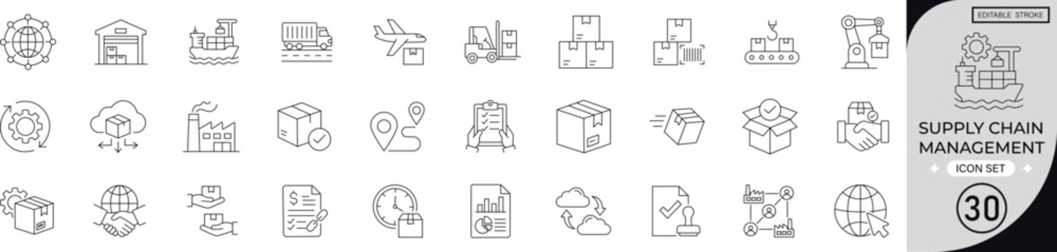 supply chain management icons logistics, shipping, warehouse, delivery, inventory, distribution, transport, global trade, cargo, editable line icons, vector illustration.