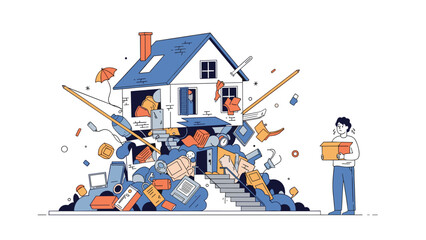 Anxious man with a small box stands outside his house which is literally bursting with furniture and domestic clutter. © Fawaz