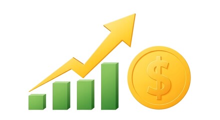 Obraz premium Bright Green Bar Chart with Yellow Arrow and Dollar Coin Showing Financial Growth green bars upward trend