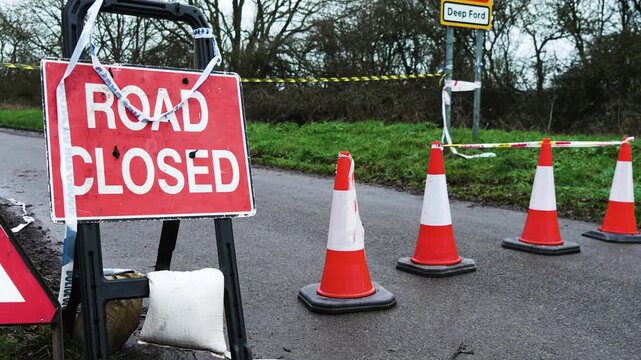 Road Closed sign standing beside rural asphalt road near Deep Ford sign. Traffic cones blocking carriageway while warning tape stretching across entrance. Countryside lane curving through green grass