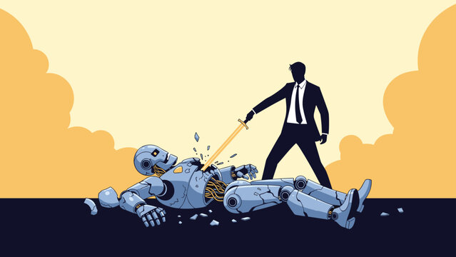 Conceptual scene of a man in a suit standing over a broken robot after defeating it with a magical sword.