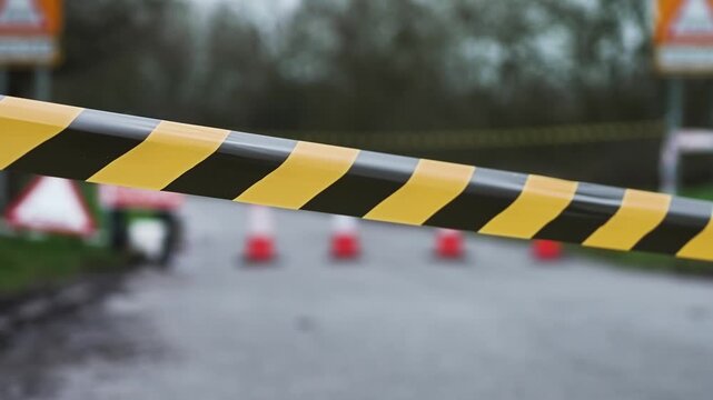 Black and yellow caution tape stretching across closed roadway. Road Closed sign and traffic cones blocking access in background. Temporary restriction preventing vehicle entry and restricting traffic