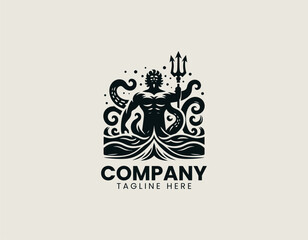 Fototapeta premium The figure of a sea god holding a trident while emerging from the water black vector logo illustration white background