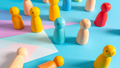 Colorful wooden figures arranged on a bright background with copy space