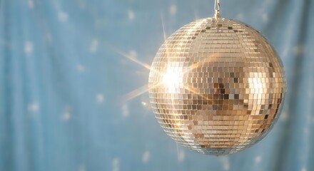 Obraz premium Shiny disco ball reflecting light with sparkling effects against soft blue background for party and celebration events.
