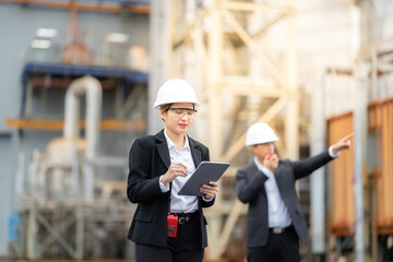 Male and female executives wearing suits and helmets are working within the power plant...