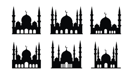 Mosque silhouettes with domes and minarets on white background