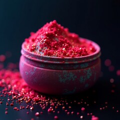 Crimson powder in textured bowl with golden flecks fine particles vibrant color