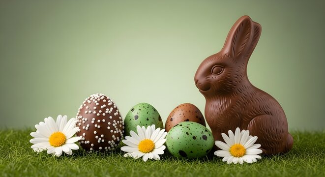 Easter chocolate bunny and eggs with daisies on grass celebrating springtime and holiday traditions