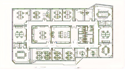Office floor plan with meeting rooms and workstations layout