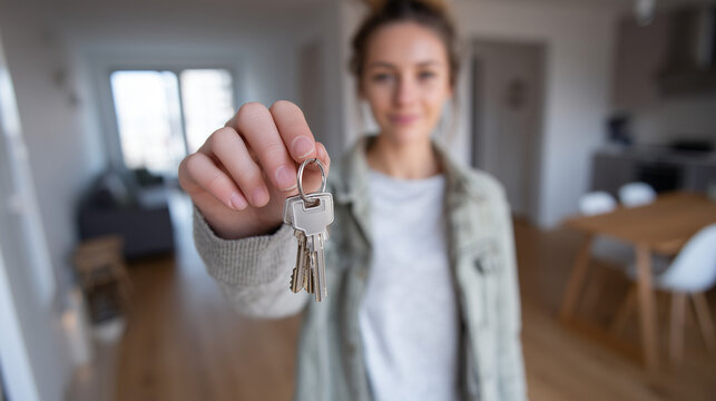 Concerned young woman holding apartment keys in a blurred new home background, pensive first-time homebuyer facing mortgage or rental stress, housing affordability challenges for the youth