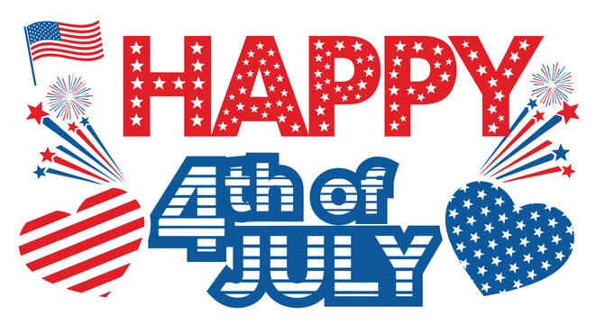 Patriotic 4th of July greeting card vector illustration. Includes Happy 4th of July text with American flag, fireworks, and heart shapes. Created in colorful style with red, white, and blue palette.
