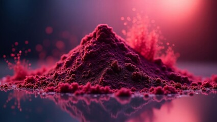 Crimson powder mound with pink mist and reflections particles