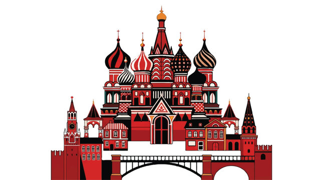 Ornate Russian cathedral with onion domes and bridge architecture in red and black colors