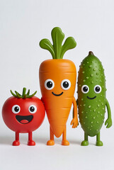 3D Render Cute Vegetable Mascots with Smiling Faces
Kawaii Carrot, Radish, Cucumber Cartoon 3D Illustration