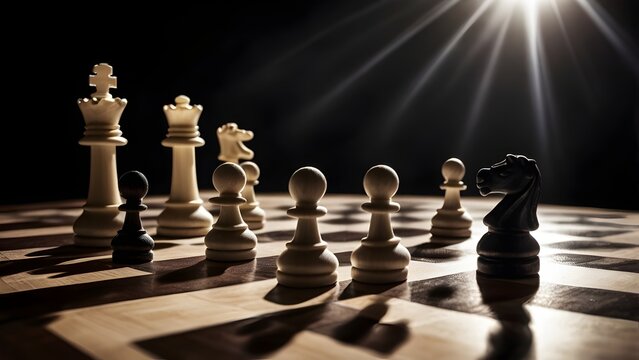 Dramatic close-up of opposing white and black chess pieces set against a dark, intensely lit battlefield suggesting strategic conflict.