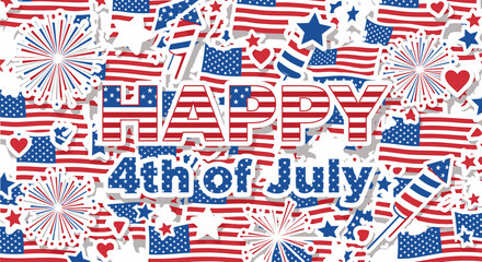 Fototapeta premium Patriotic 4th of July icon collection. Includes American flags, hearts, stars, and fireworks. Created in colorful style with red, white, and blue palette.