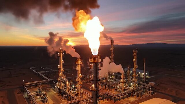 Aerial view of a natural gas processing plant with a flare stack