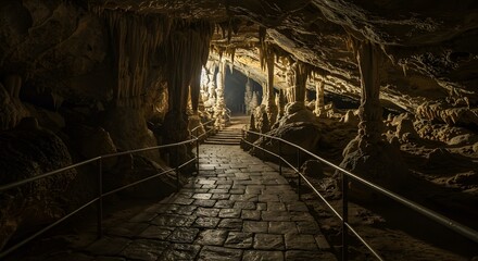 Fototapeta premium Stone pathway winds through a cavern illuminated by light, showing stalactites and columns