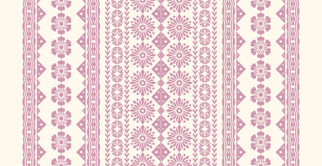 Pink Folk Floral Border Seamless Pattern. Scandinavian-Inspired Botanical Stripe Textile Design. Ethnic Floral Ornament. Traditional Folk Art Seamless Border. Minimal Nordic Floral for Fabric.