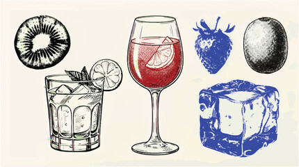 Refreshing summer drinks with fruits and ice cubes illustration